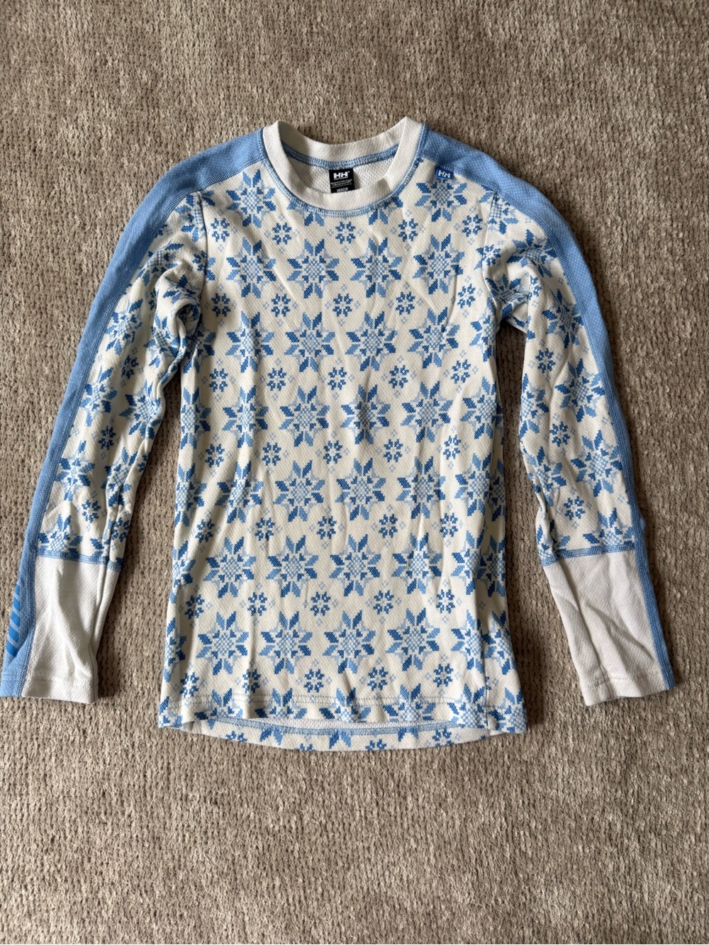 Helly Hansen Kids Merino Wool Base Layer Top Snowflake Blue White Size 10
